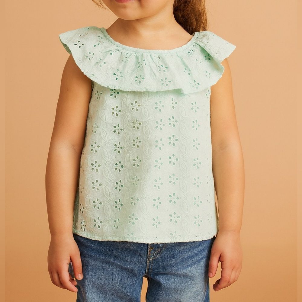 Janie and Jack Eyelet Ruffle Sleeveless Top Light Blue Aqua 100% Cotton Size 4